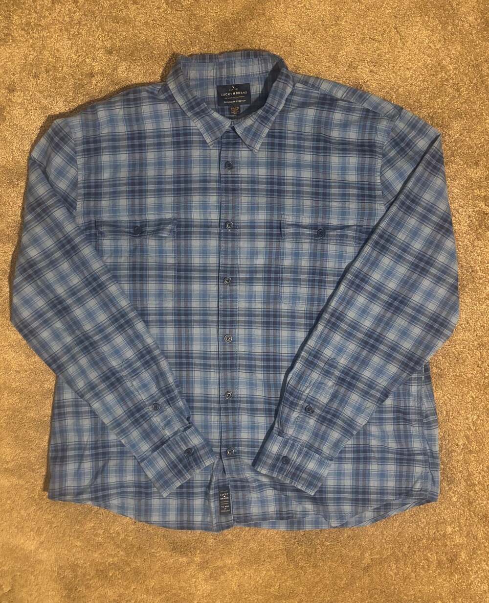 Lucky Brand Men's Saturday Stretch Plaid Long Sleeve Button-Down Shirt Blue XXL